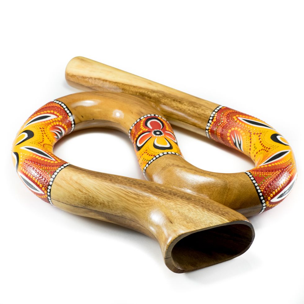 Didgeridoo da viaggio a forma di serpentina di colore rosso e giallo