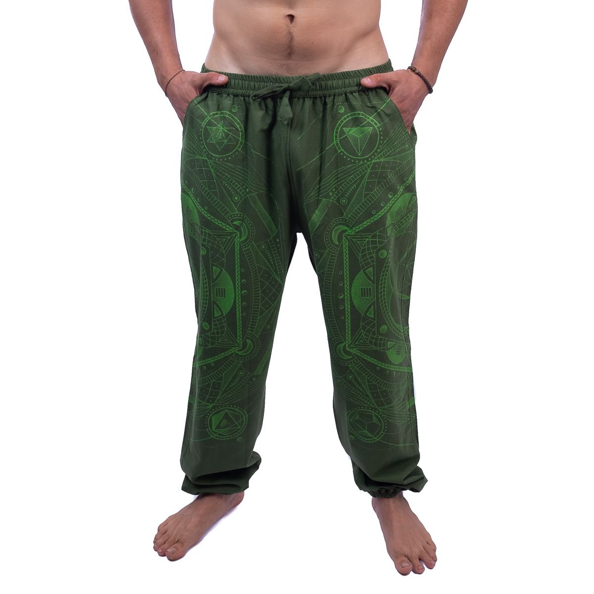 Pantaloni da uomo etno / hippie verdi con stampa Jantur Hijau Nepal