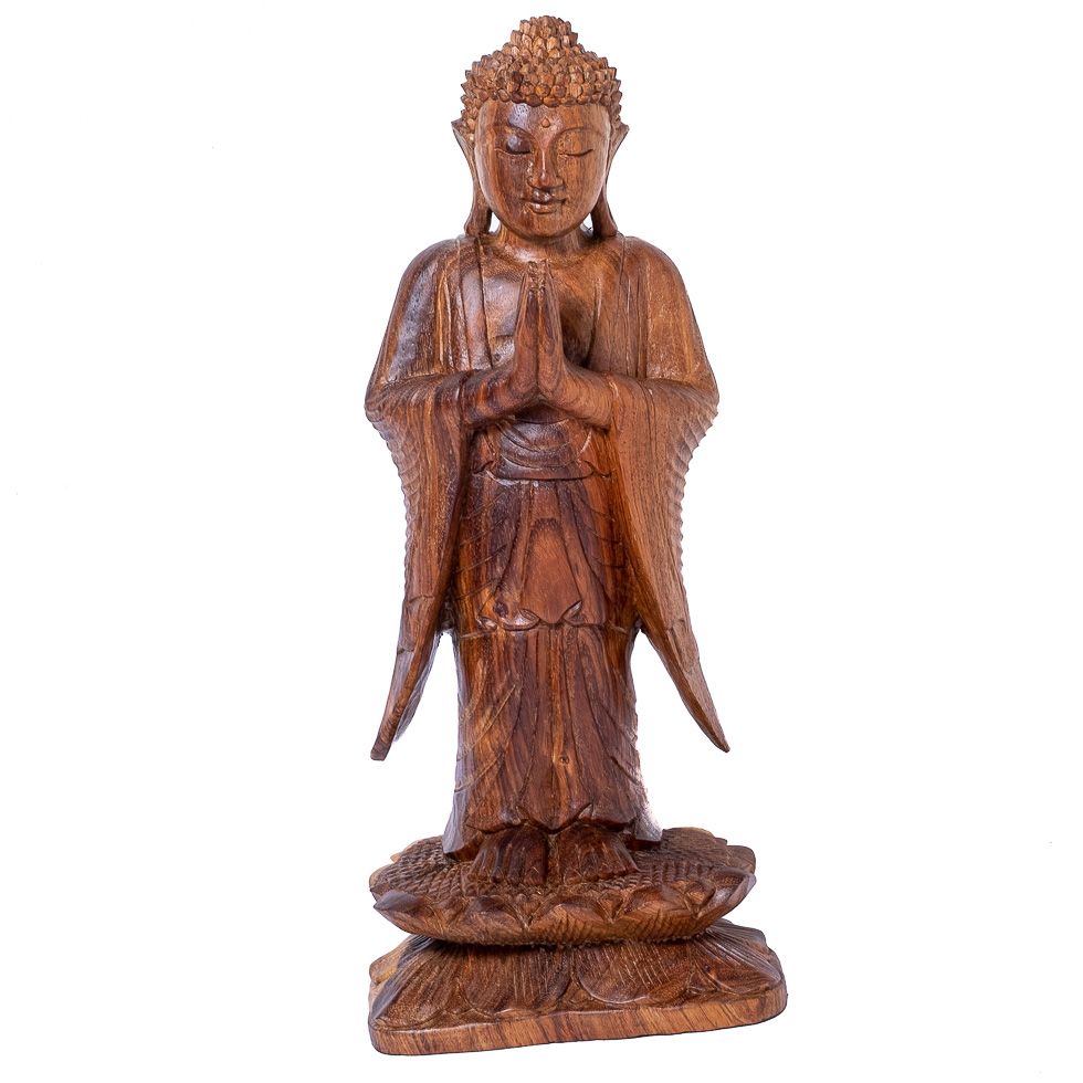 Statua in legno intagliato di Buddha in piedi