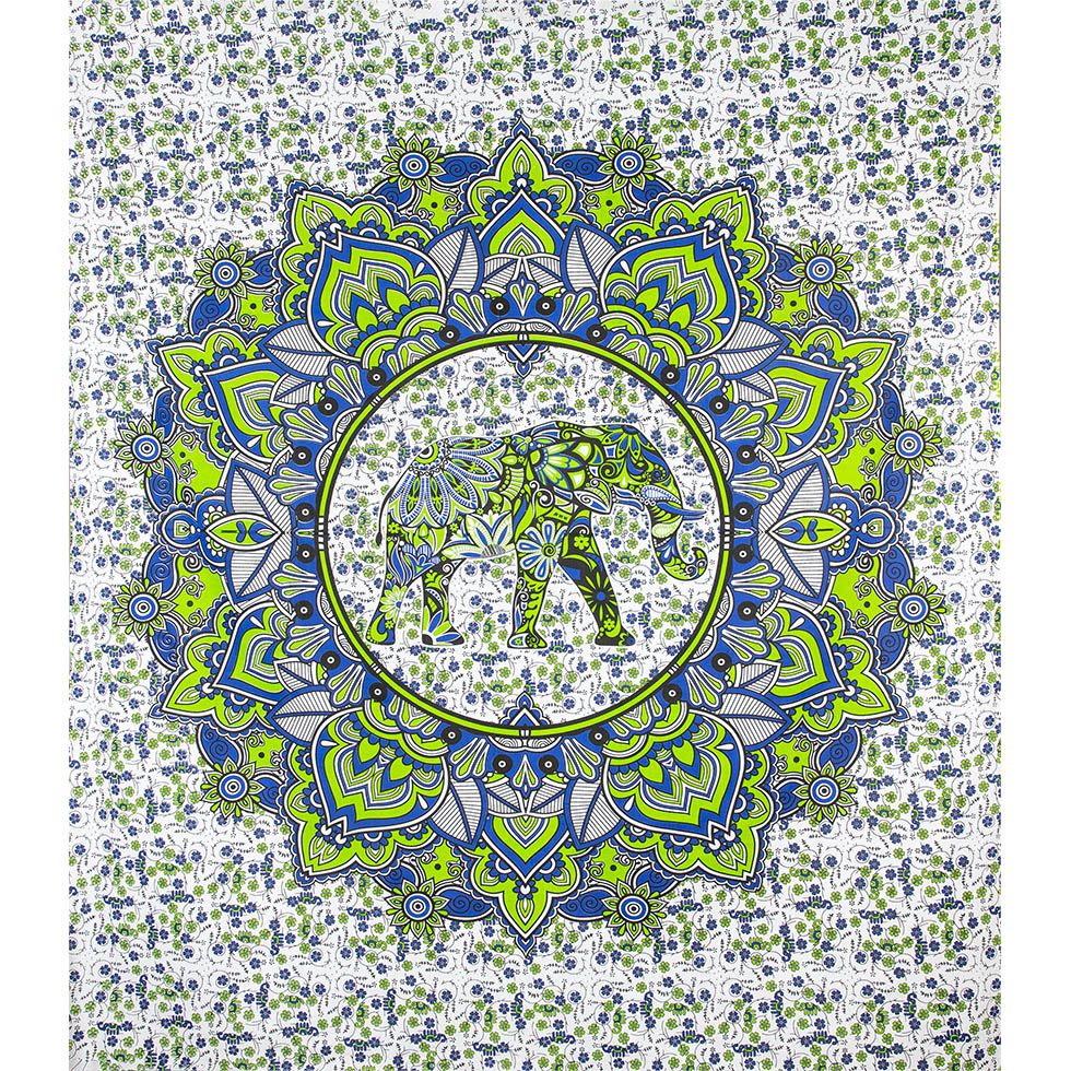 Copriletto in cotone Elefante Mandala - verde-blu India