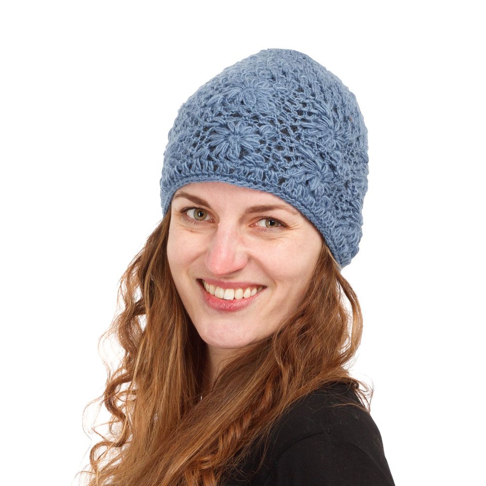 Cappello di lana all'uncinetto Bardia Blue Nepal