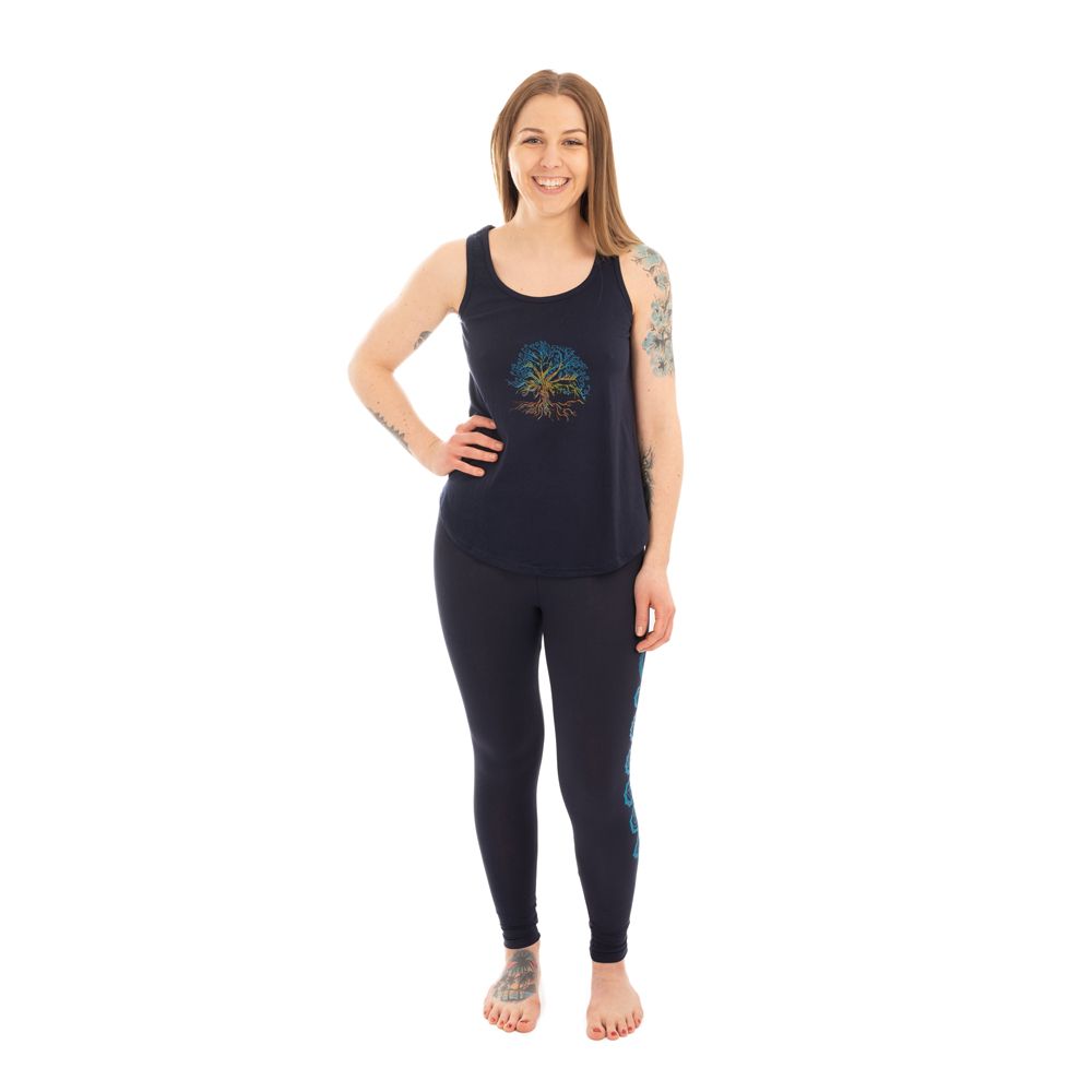 Abbigliamento yoga in cotone Albero della vita e Chakra - blu scuro - - set top + leggings S/M Nepal